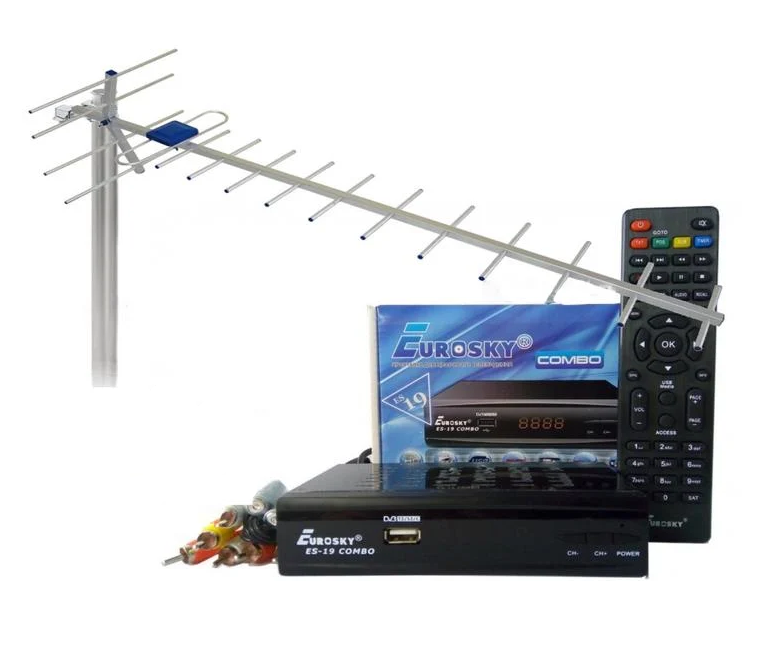 Комплект DVB-S2/T2 тюнер комбинированный Eurosky ES-19 Combo/внешняя ТВ антенна Дальнобой 75 км/WiFi-адаптер