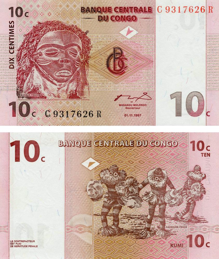 Коллекционная банкнота Демократическая Республика Конго 10 сентим 1997 UNC P82 (Б13185)