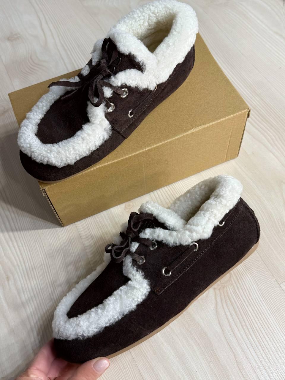 Ботинки женские Hengji 992-6 замшевые мокасины на меху с опушкой р. 38 Коричневый (5478)