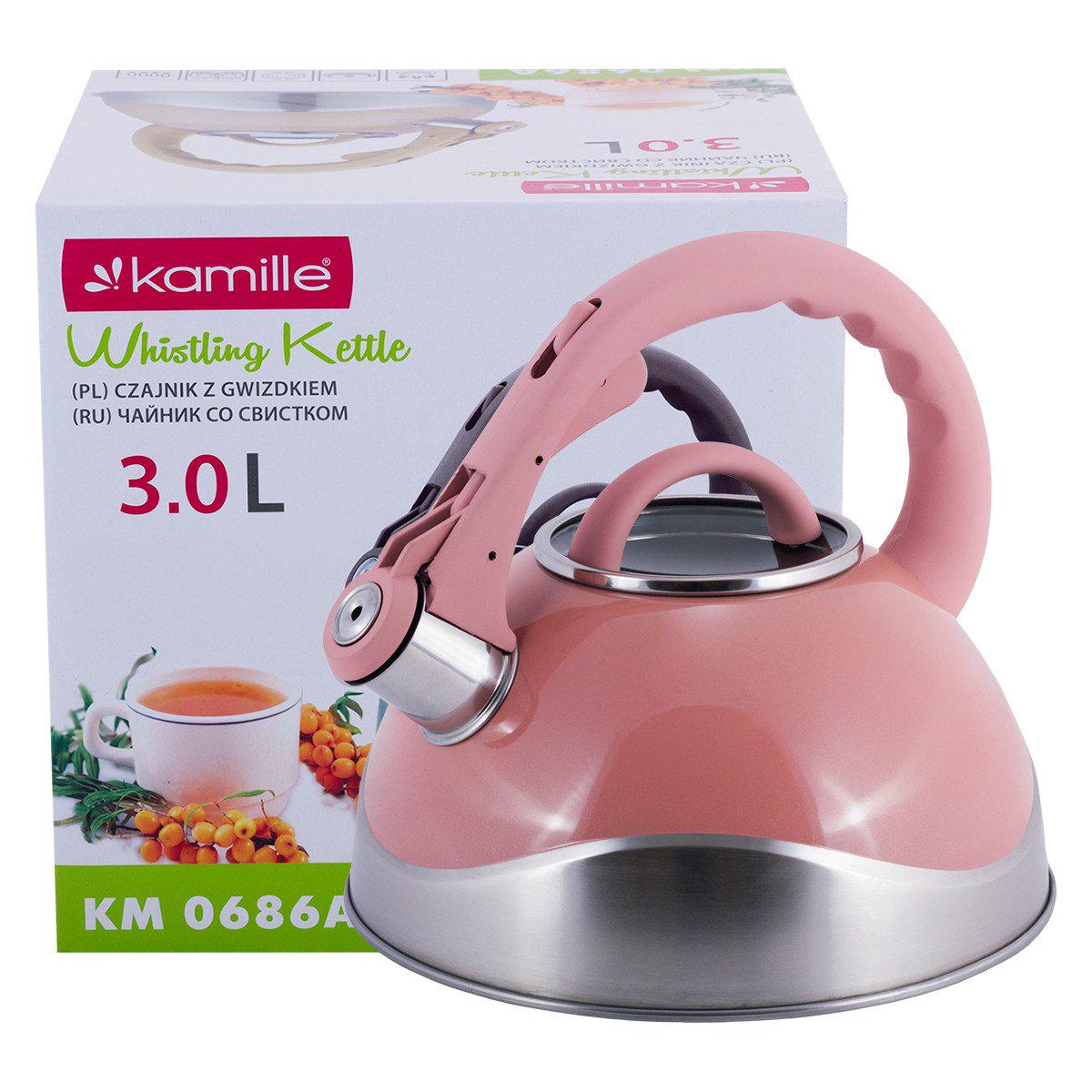 Чайник Kamille 3 л из нержавеющей стали со стеклянной крышкой Розовый KM-0686ARZ