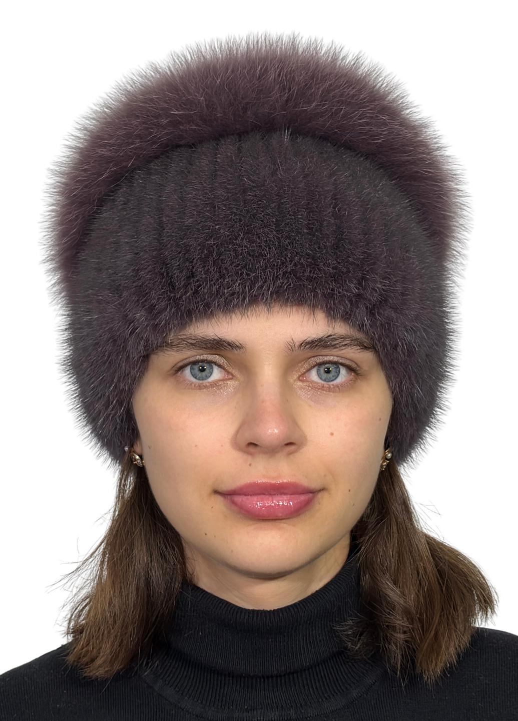 Женская вязаная норковая шапка Меховой стиль Водопад с помпоном натуральный мех Чайная роза (121/F)