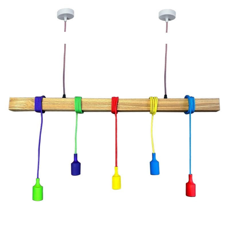 Люстра в скандинавському стилі SkandyWood Kids з дерев'яною балкою з ясена на 5 ламп Різнокольоровий