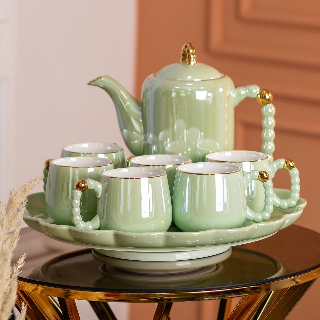 Чайный набор на 6 персон с заварочным чайником и керамической подставкой Зеленый - фото 8 Чайный набор на 6 персон с заварочным чайником и керамической подставкой Зеленый - фото 8
