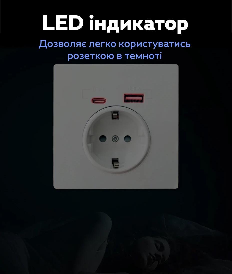 Настенная розетка WallPad WP-1 Type-C/USB с подсветкой 86x86 см White (3_06863) - фото 4 Настенная розетка WallPad WP-1 Type-C/USB с подсветкой 86x86 см White (3_06863) - фото 4
