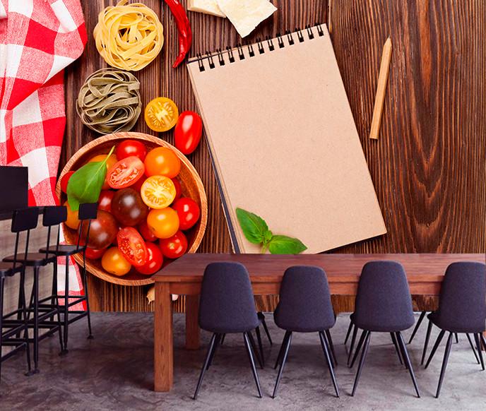 Фотообои флизелиновые на стену для кухни/кафе Продукты и блокнот