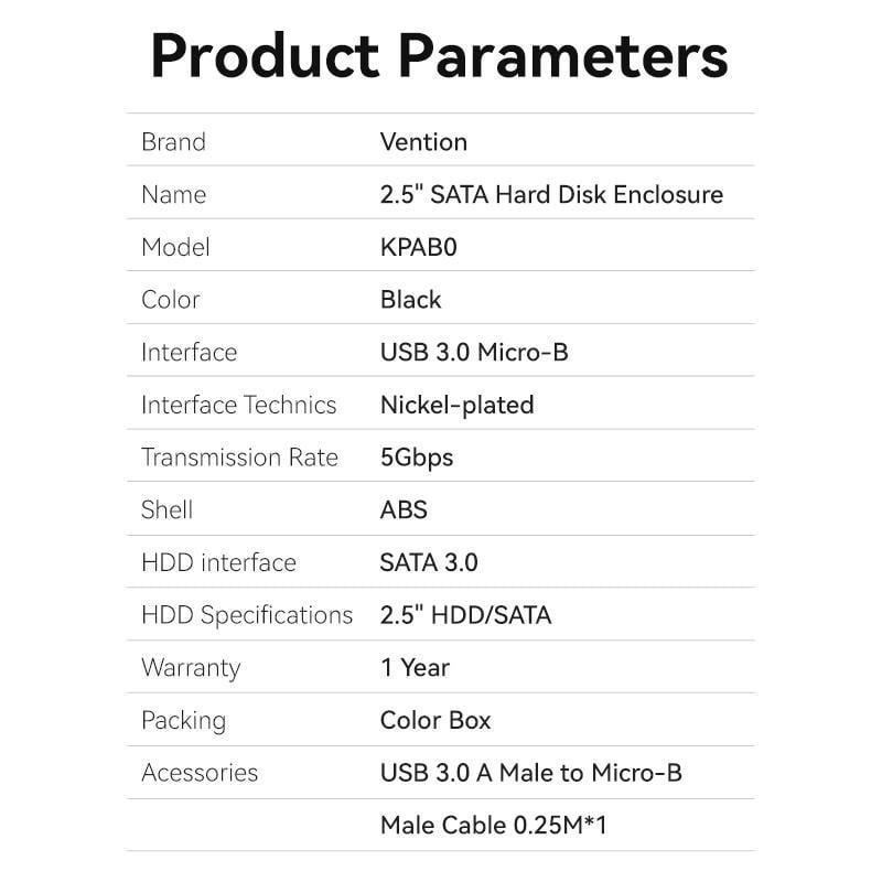 Корпус Vention для SSD/HDD 2,5"/5 Гбит/с USB 3.0 до SATA III с кабелем USB-Micro-USB Type-B Micro-B Черный (KPAB0) - фото 8