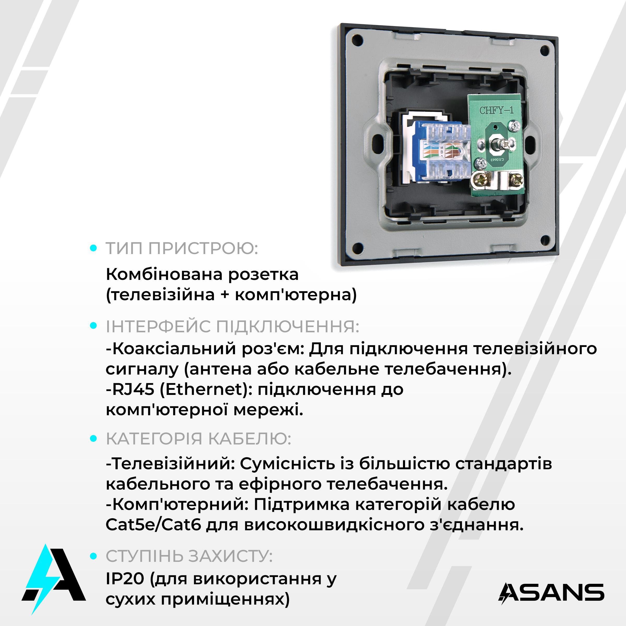 Розетка комбинированная Asans телевизионная и компьютерная CAT6 с рамкой Черный матовый (20102005) - фото 2