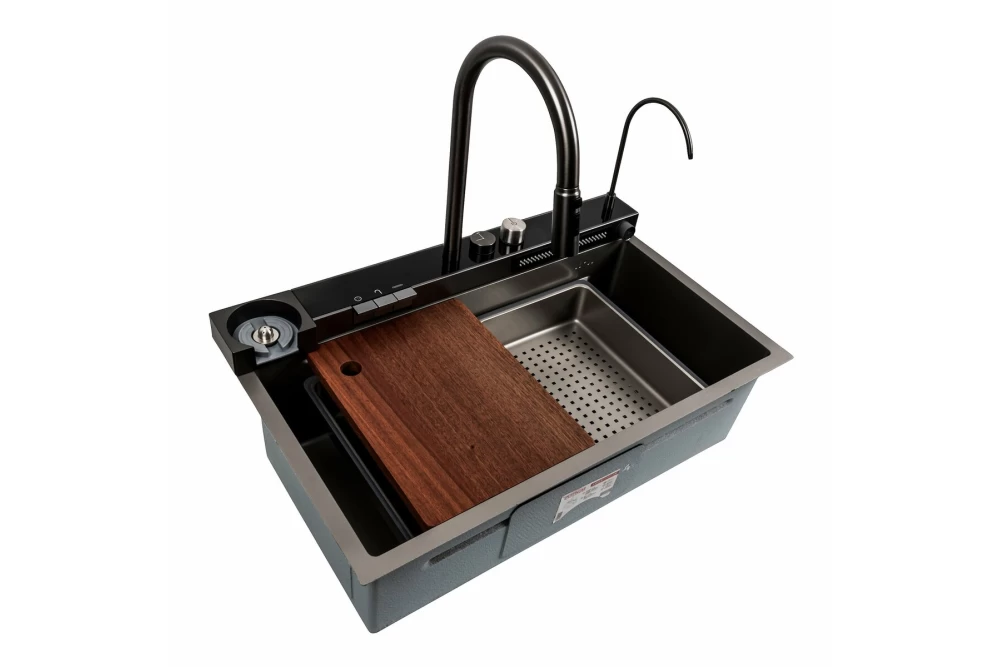 Мийка для кухні Platinum Handmade PVD Водоспад D 75х46 см Сірий (374779) Мийка для кухні Platinum Handmade PVD Водоспад D 75х46 см Сірий (374779)