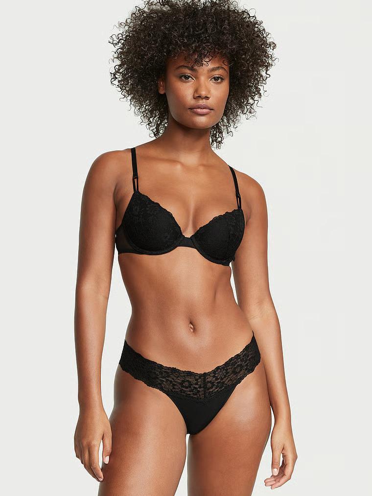 Трусики стринги Victoria's Secret The Lacie Lace-Waist Cotton Thong Panty S Черный (26825199)