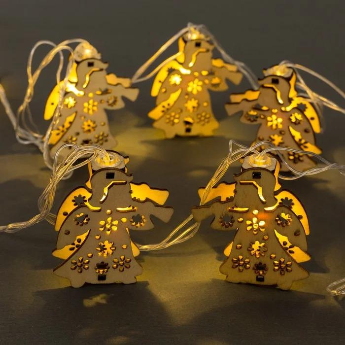 Светодиодная гирлянда нить 2 м 10 LED с деревянными фигурками Ангелочки Желтый