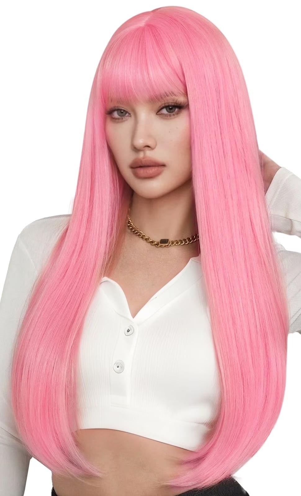 Парик прямой Барби аниме с длинной челкой 70 см Розовый (Т0000495-4)