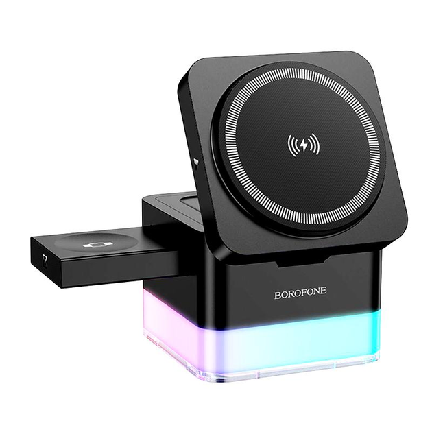 Док-станция беспроводная Borofone BQ34 QI 3в1 15W Max RGB подсветка для iPhone/iWatch/Airpods