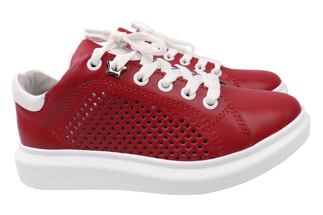 Кеды женские Maxus shoes из кожи на низком ходу на шнуровке Красный (74-21LTCP 33)