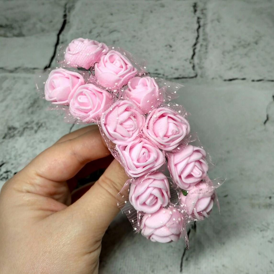 Цветы искусственные для декора розы с фатином из фоамирана латексные 12 шт. 2 см Светло-розовый (4302-8) - фото 3