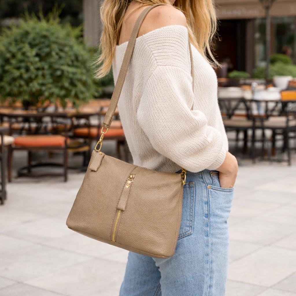 Женская сумка кросс-боди Lorian с отделением на молнии из натуральной кожи Бежевый (LR 9093L BG)