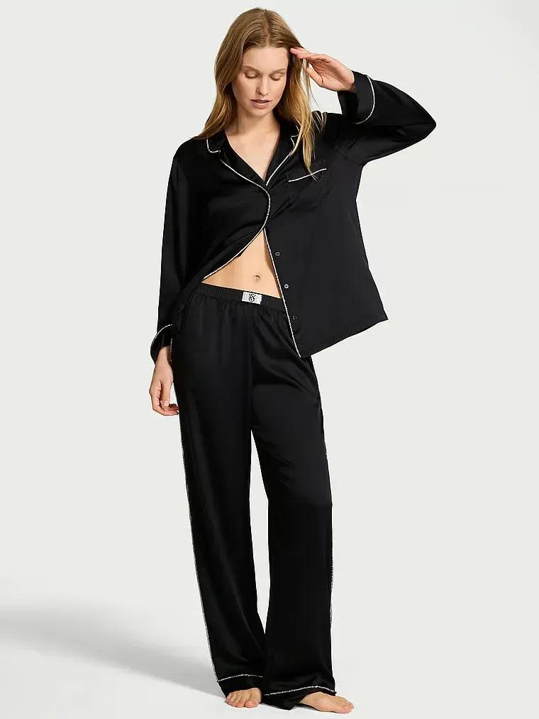 Пижама сатиновая Victoria's Secret Glazed Satin Shine Long Pajama Set Regular M Черный (27162680)