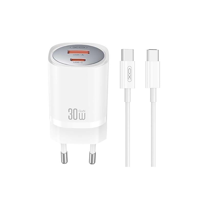 Сетевое зарядное устройство XO CE21 PD30W/PPS33W 1USB-A+1USB-C и Type-C кабель Белый (XO-CE21+C)