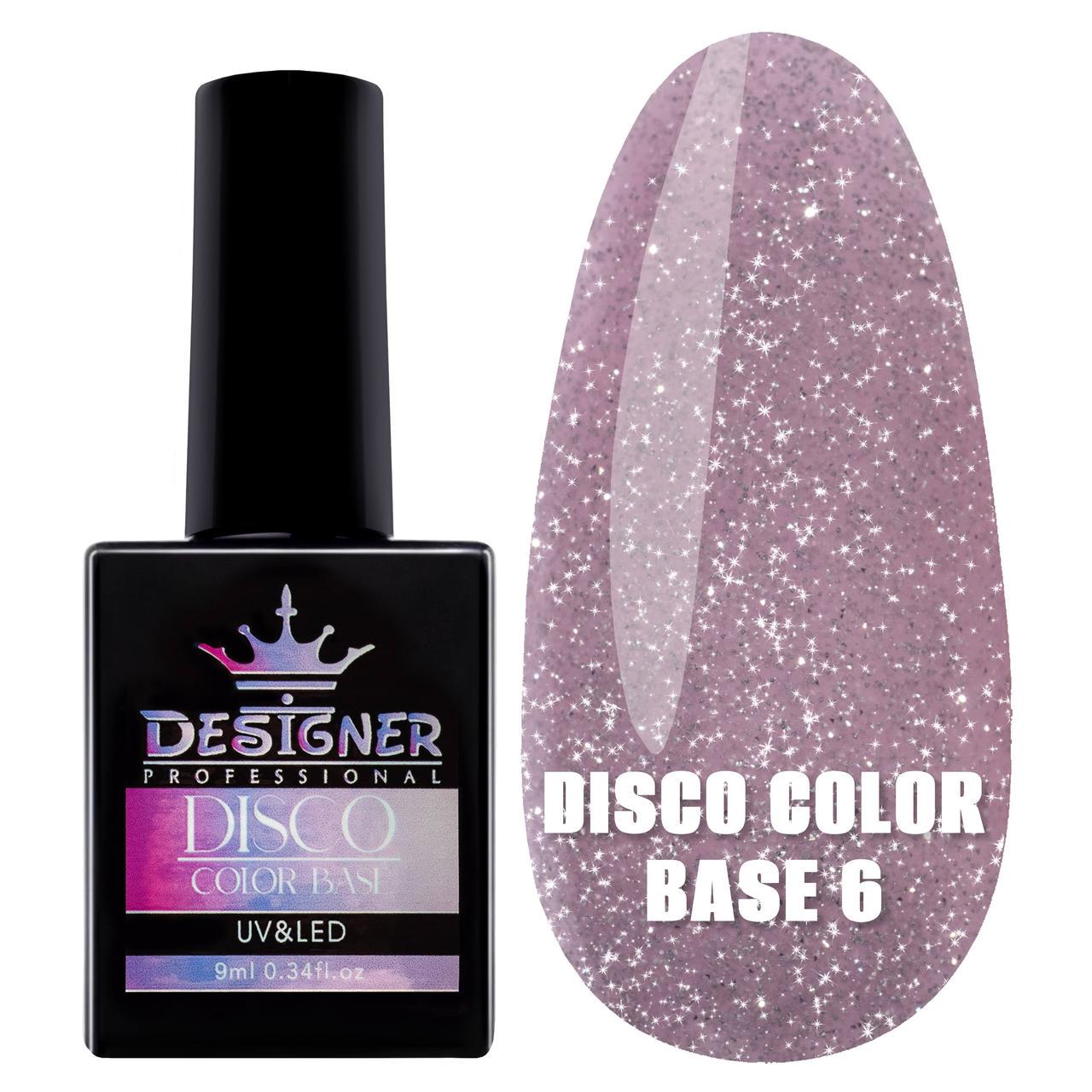 Каучуковая база Disco Color Base Дизайнер для ногтей со светоотражающими частицами 9 мл Лавандово-розовый №6