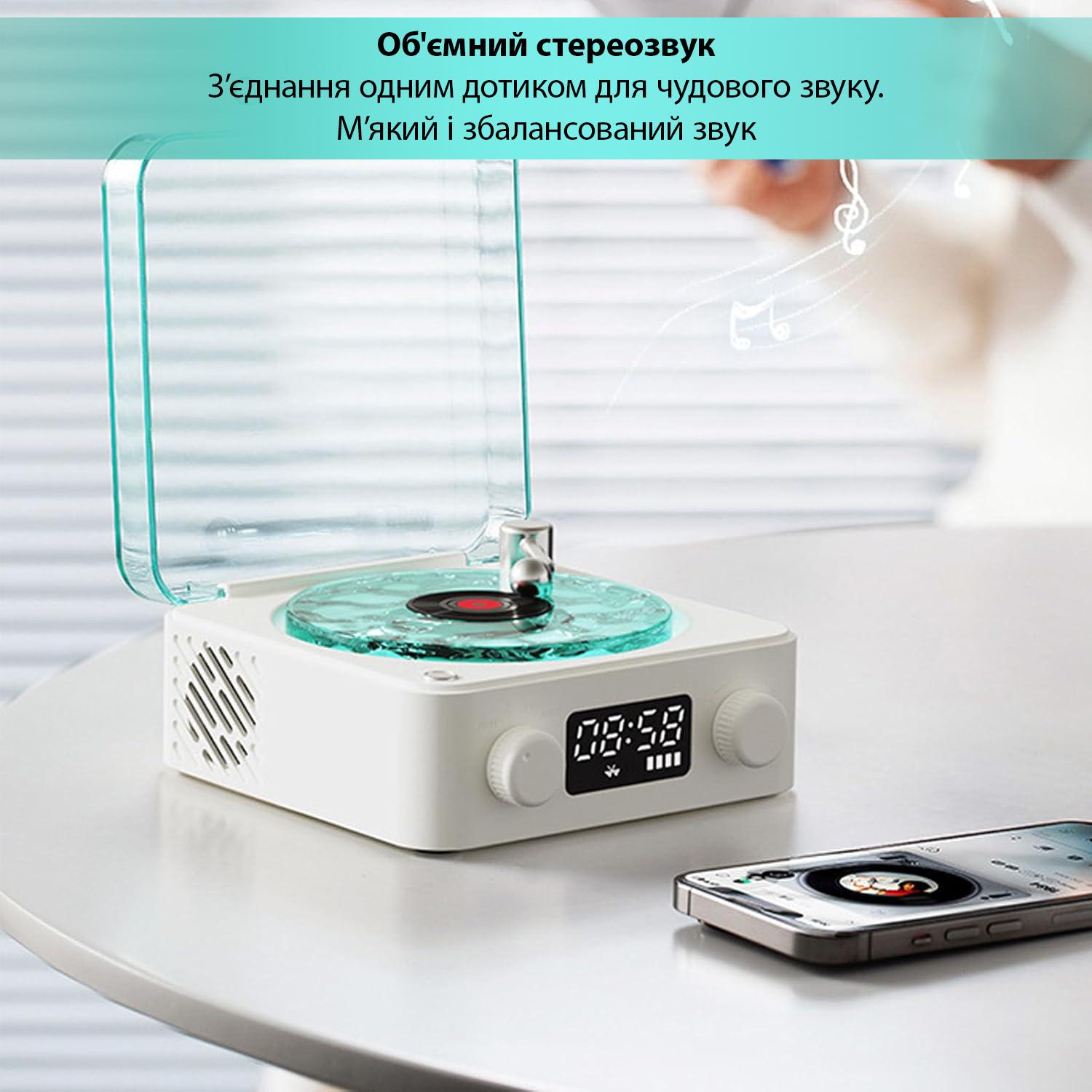 Портативна колонка Bluetooth у вигляді вінілового програвача грамофона з годинником та нічником White/Blue (22404220) - фото 4