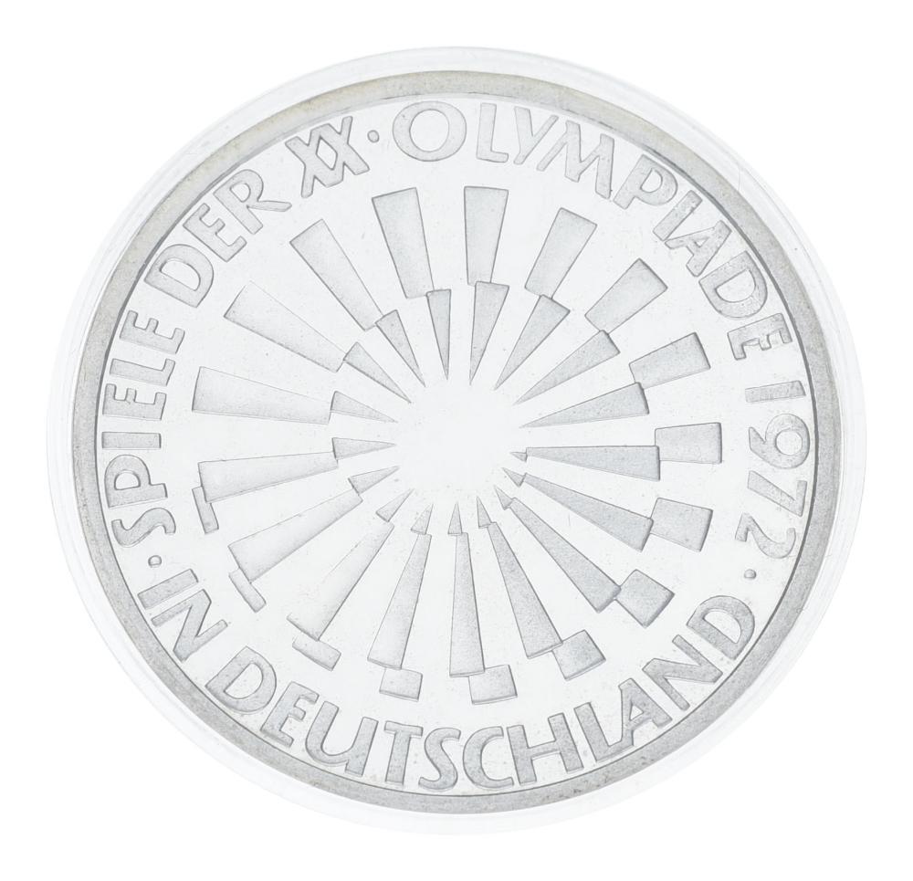 Коллекционная монета Германия 10 марок 1972 Серебро Proof XX летние Олимпийские игры в р. Мюнхен-Эмблема In Deutschland (М23329)