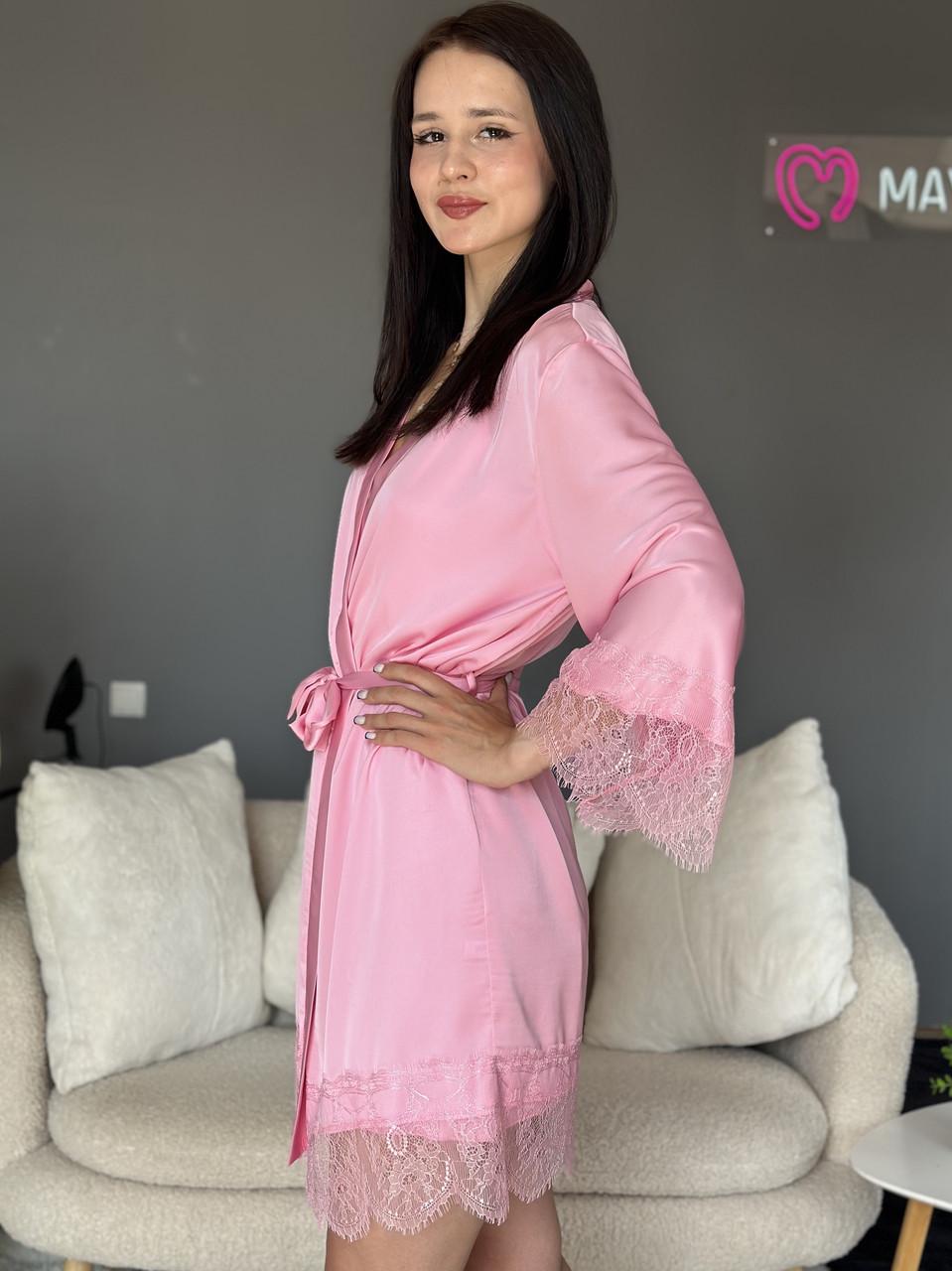Халат женский шелковый с кружевом 2XL Розовый (2694797940) - фото 4 Халат женский шелковый с кружевом 2XL Розовый (2694797940) - фото 4