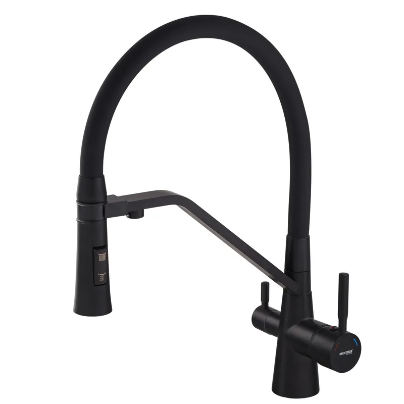 Змішувач MIXXUS 021 із краном для питної води з гнучким гусаком латунь Чорний (b-MI6974)