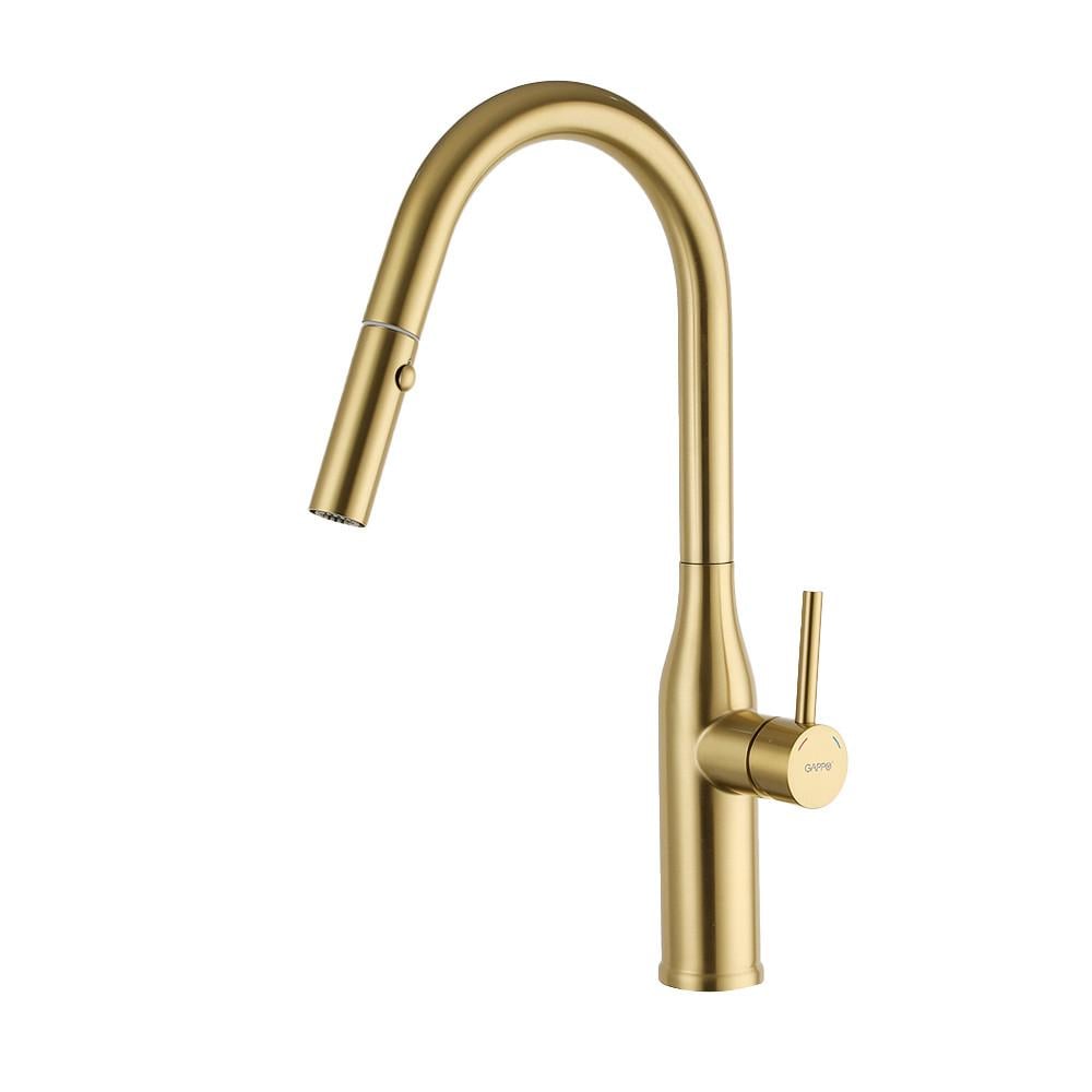 Змішувач для кухні GAPPO G4398-43 з висувним виливом нержавіюча сталь Ø35 Золотий сатин