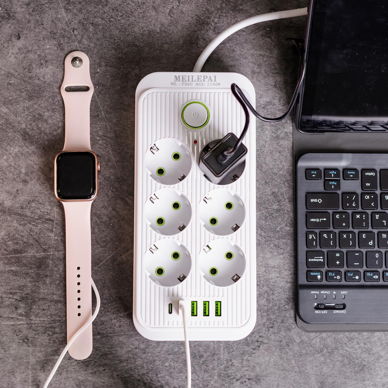 Удлинитель F06U на 6 розеток 4 USB 1 Type-C и кнопкой отключения 3 м Белый (HP-5-23) - фото 2 Удлинитель F06U на 6 розеток 4 USB 1 Type-C и кнопкой отключения 3 м Белый (HP-5-23) - фото 2