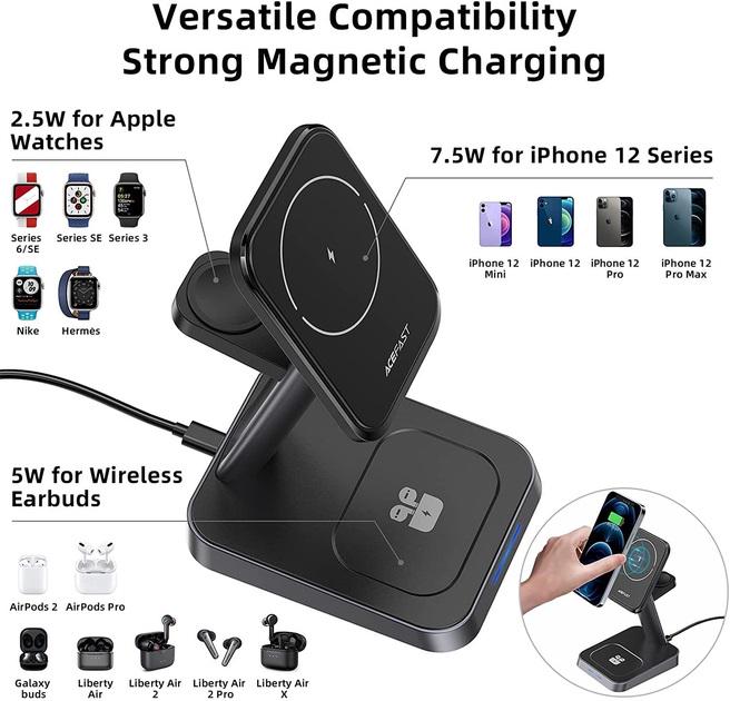 Док-станция Acefast 3в1 Magnetic Wireless Charging Stand - фото 8