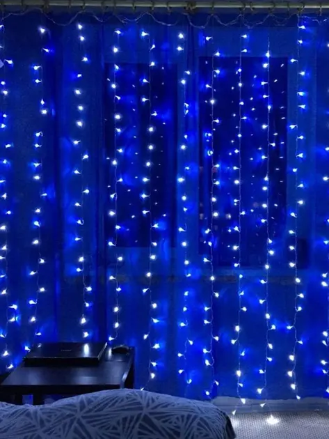 Гирлянда-штора светодиодная Роса на проводе 3х2 м 200 LED пульт/USB синий (30462005) Гирлянда-штора светодиодная Роса на проводе 3х2 м 200 LED пульт/USB синий (30462005)