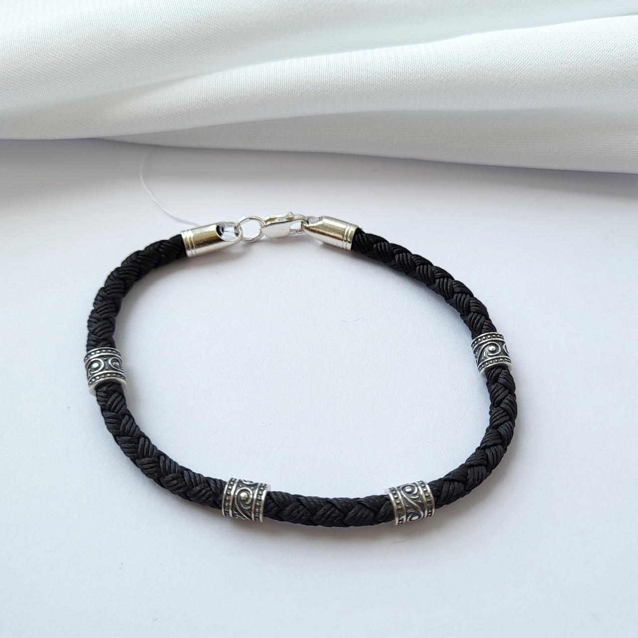 Браслет шелковый со вставками и замком серебряный 4 мм 20,5 см 925 пробы 5,20 г