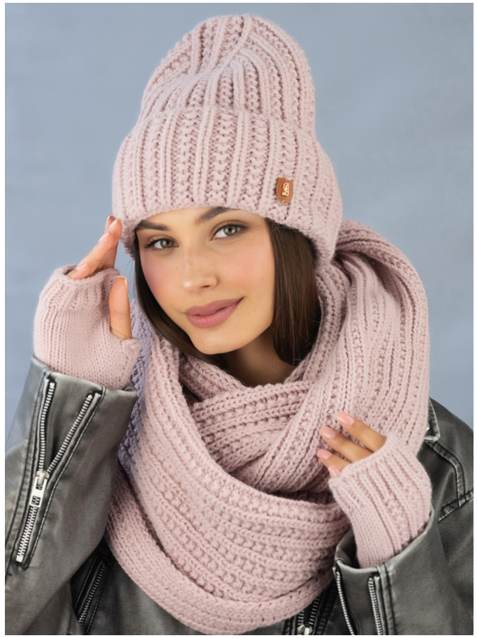 Комплект шапка со снудом и митенками женский Braxton Юна Светлый пудровый (841W)