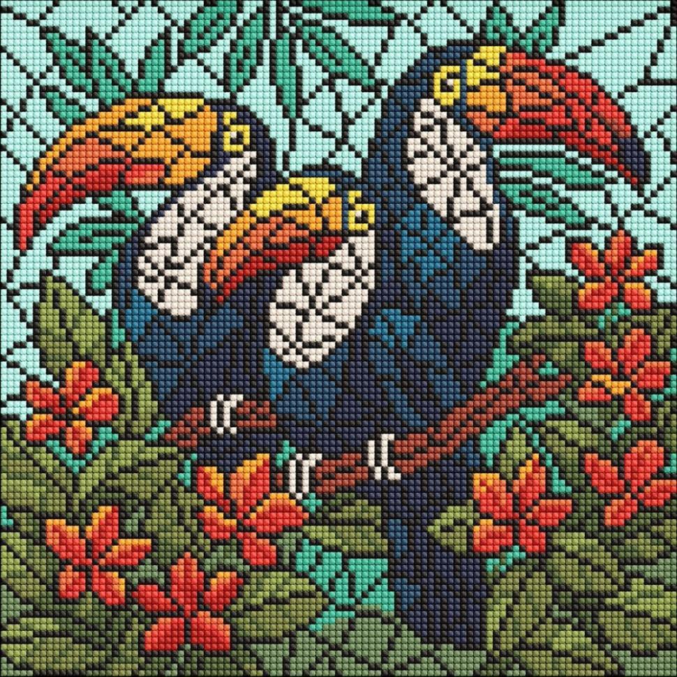 Алмазная мозаика Ideyka Витраж Трио туканов 30x30 см (AMO8345)