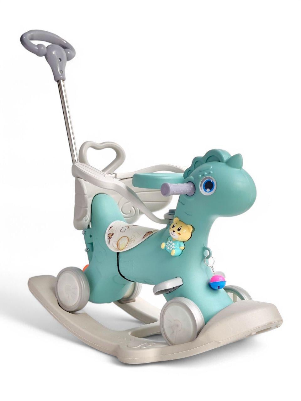Каталка гойдалка біговел 3в1 з батьківською ручкою та 4 колесами Pony Ride Коник 811 Зелений (811r-s1)