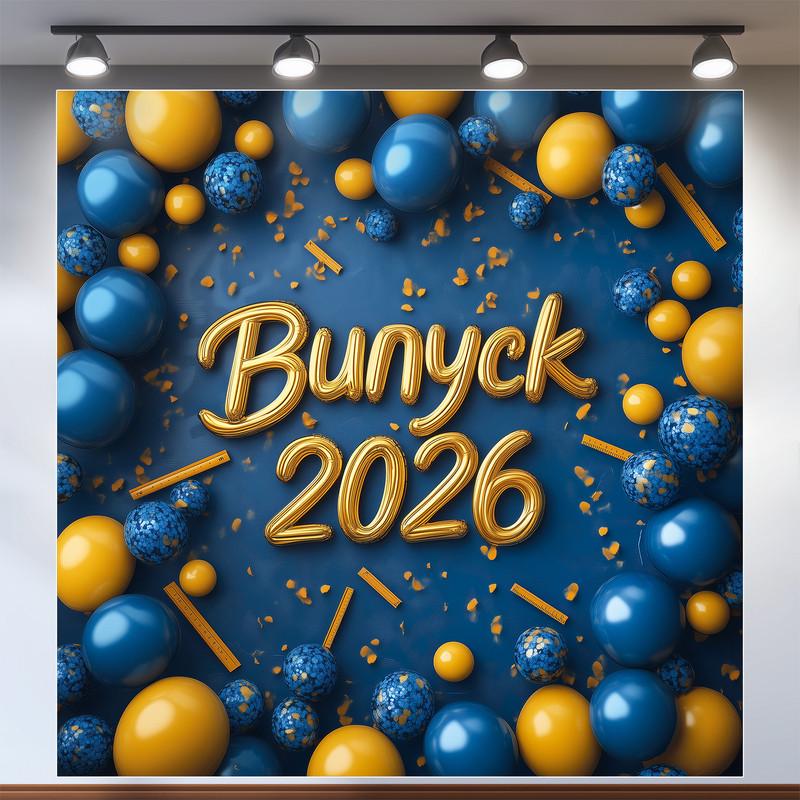 Баннер для фотозоны "Випуск 2026" золотая надпись в рамке из сине-желтых шаров на темном фоне 200x200 см №41006