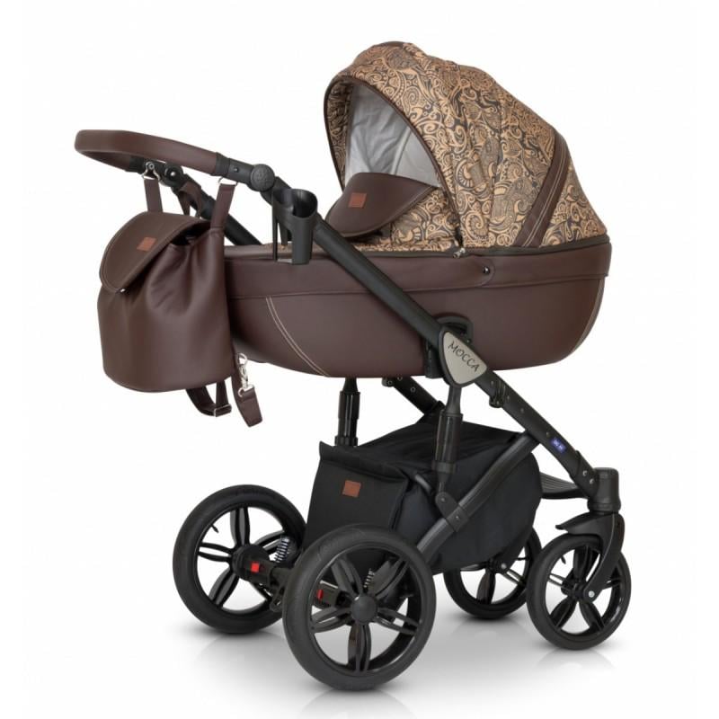 Коляска Verdi Mocca универсальная 3в1 с автокреслом и сумкой и 3 чехлами на ножки Коричневый с принтом