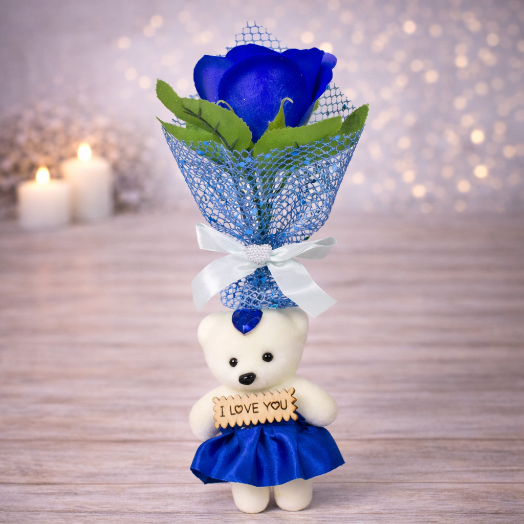 Троянда мильна з ведмежам в прозорій упаковці Синій (06-F-7538b)