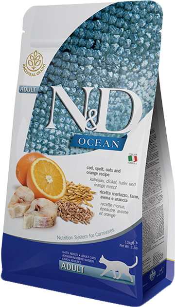 Корм для кошек взрослых Фарміна N&D LG Ocean COD & ORANGE низкозерновой 1,5 кг (36780)