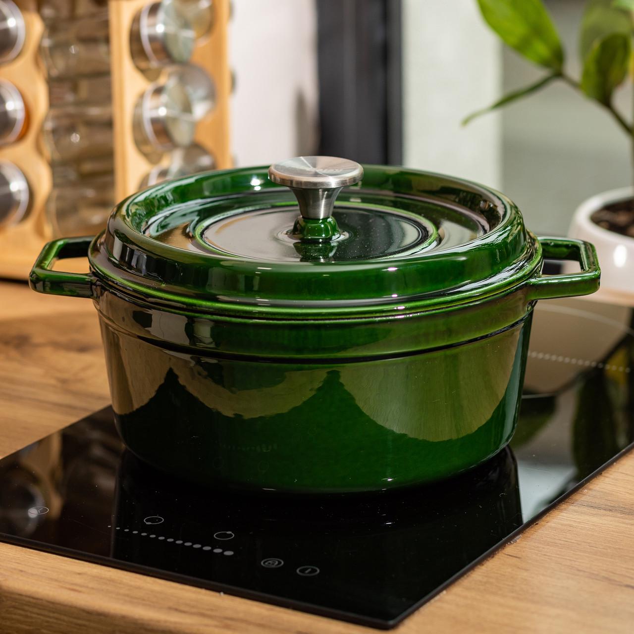 Чугунная кастрюля эмалированная с крышкой 3,5 л 24 см Зеленый (HP-1-1)