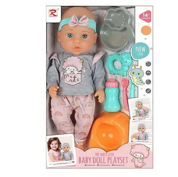 Пупс 6330 закриваються очі ходить на горщик знімний одяг пляшечка виделка ложка тарілочка іграшка та горщик в коробці 35 см