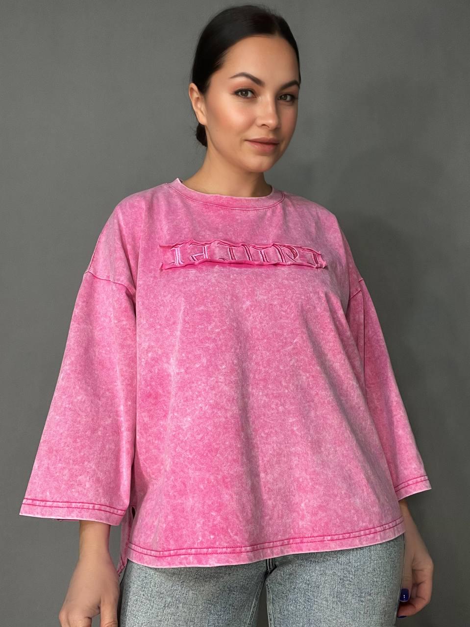 Футболка жіноча A-N 26029 широка варена тай дай довгий рукав 3\4 з вишивкою попереду OS Рожевий (4018)