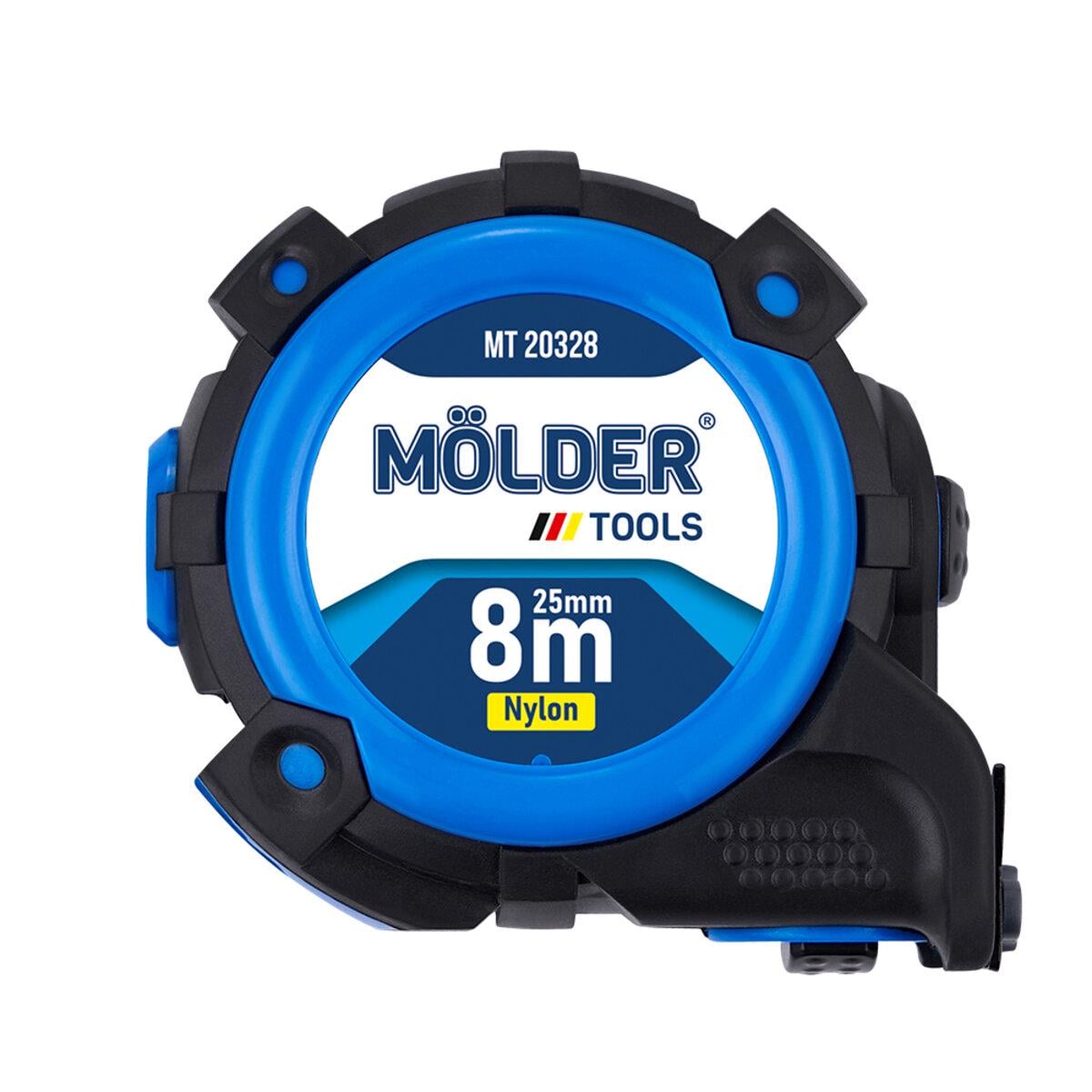 Рулетка Molder нейлоновая с автостопом магнитным двухсторонним зацепом и шкалой 8 м 25 мм (MT20328)