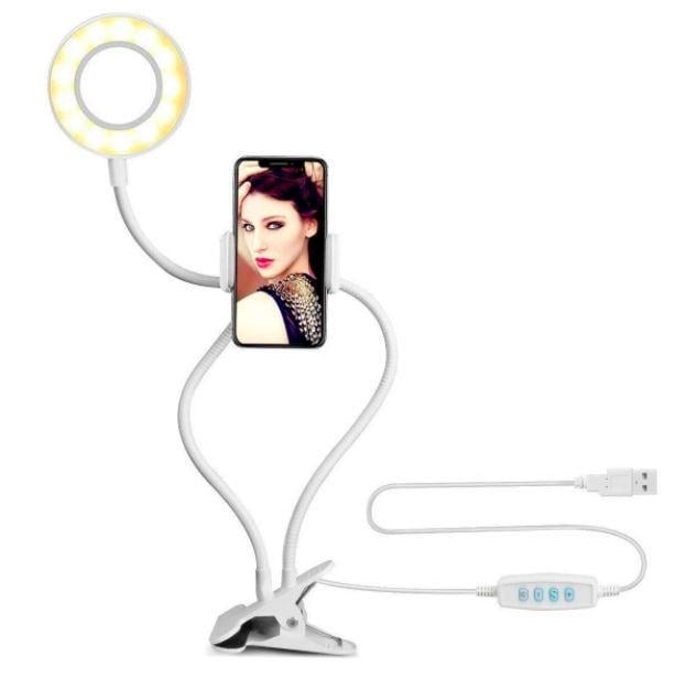Держатель для телефона с LED подсветкой и селфи кольцом на прищепке White (11642709)