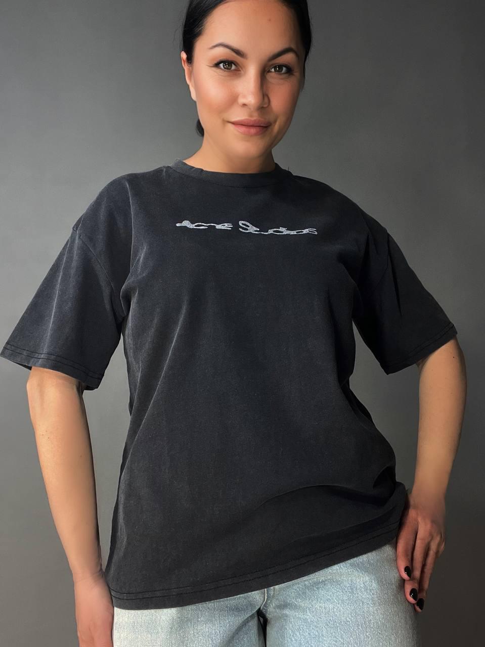 Футболка женская A-N 27039 вареный тай- дай хлопок с надписью OS Черный (4346)