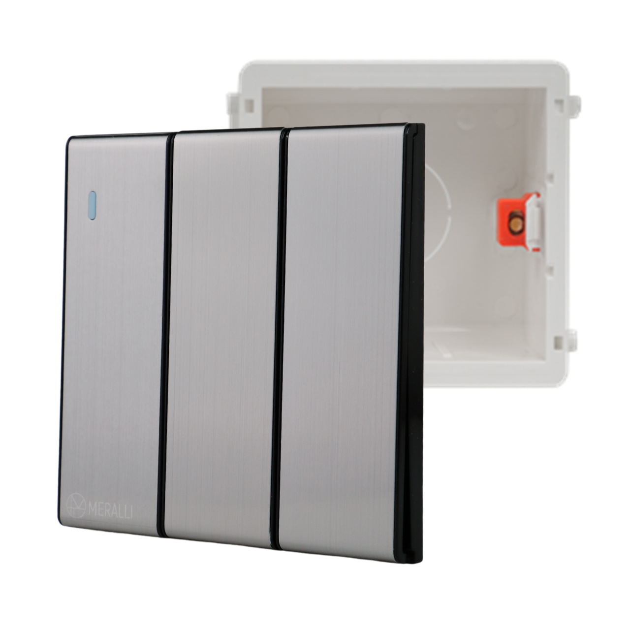 Комплект вимикач 3 клавішний MERALLI INOX безрамковий/квадратний підрозетник MERALLI горизонтальний Білий