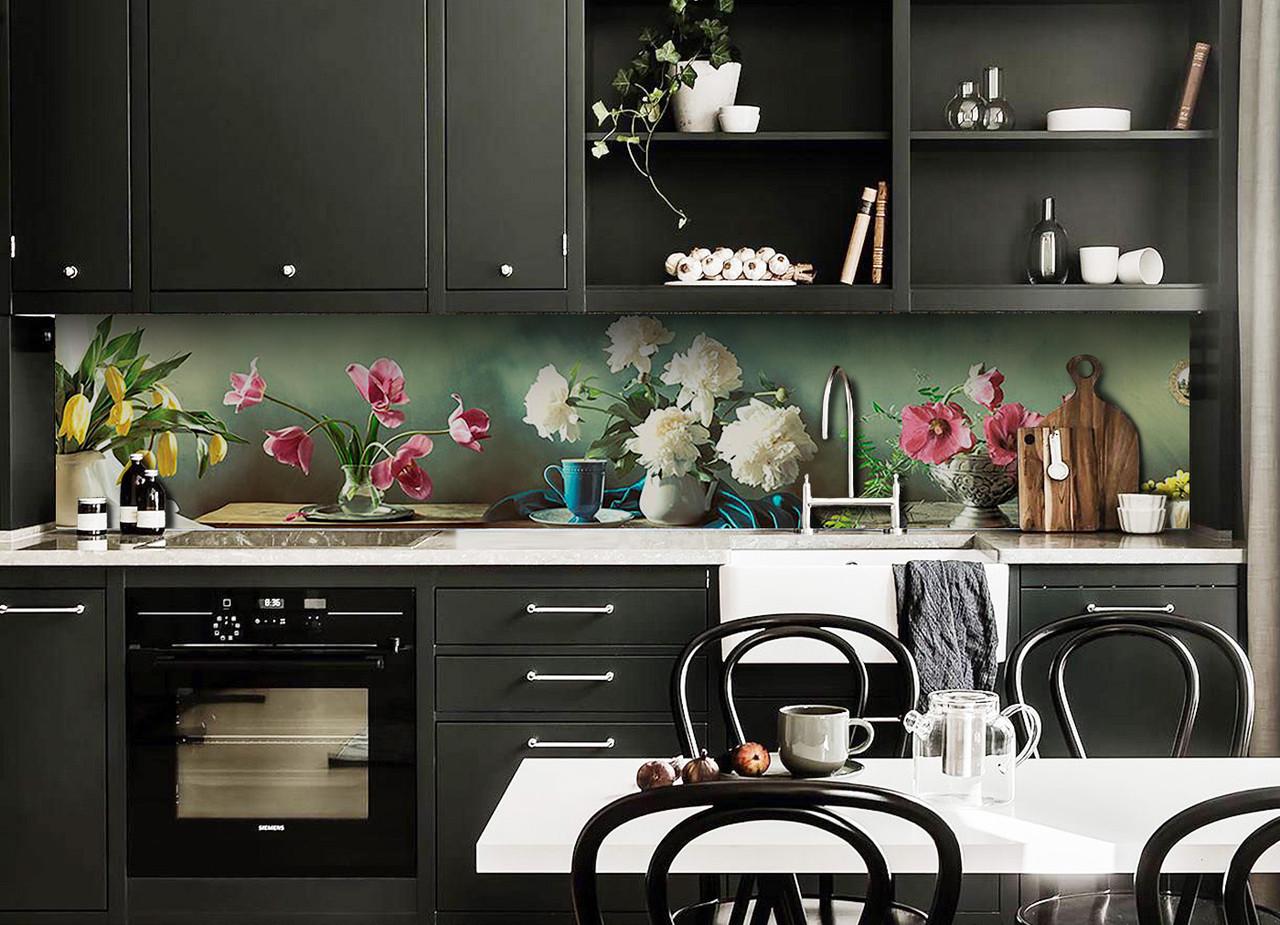 Кухонный фартук Тюльпаны и пионы из самоклеющейся виниловой пленки 60х300 см Зеленый