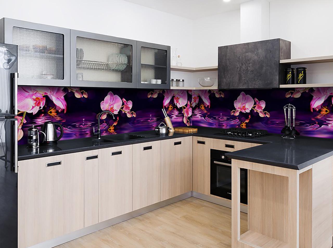 Кухонный фартук Розовые орхидеи над водой из самоклеющейся виниловой пленки 60х300 см Фиолетовый Кухонный фартук Розовые орхидеи над водой из самоклеющейся виниловой пленки 60х300 см Фиолетовый