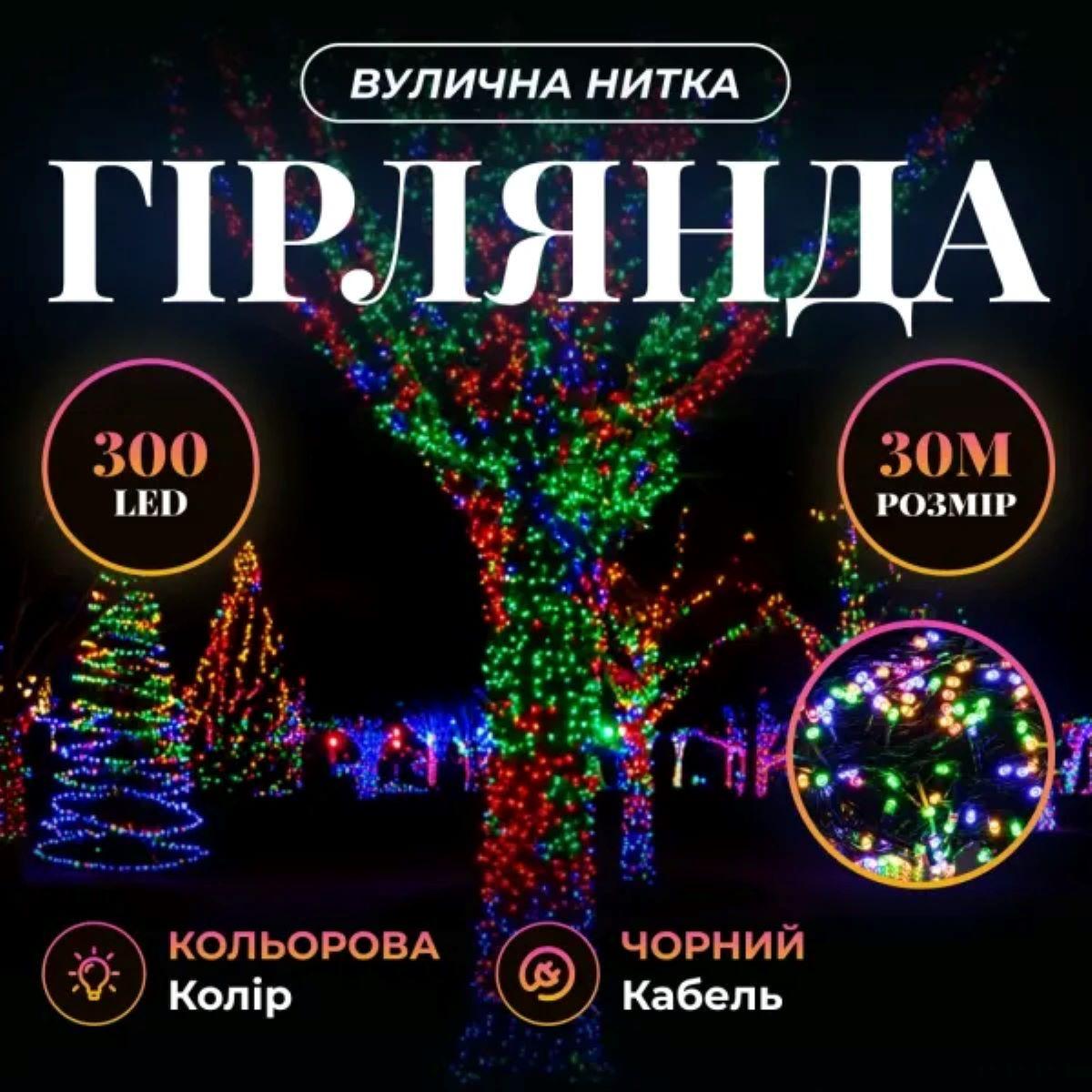 Гірлянда Нитка вулична 30 м 300 LED чорний провід Різнокольоровий (CF300L30MBML) - фото 4