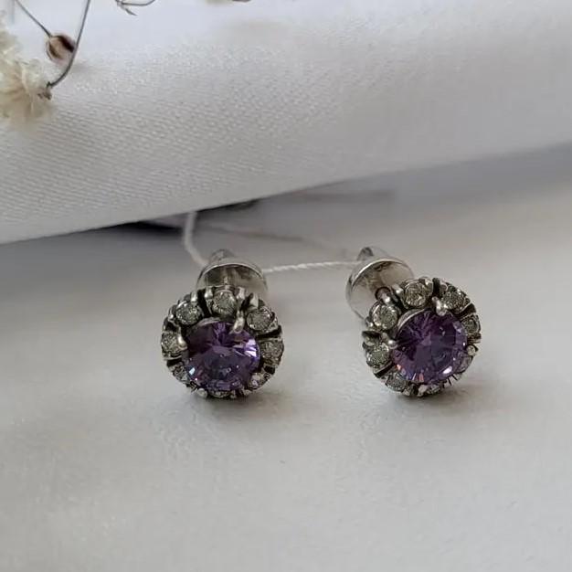 Серьги из серебра Цветок с сиреневыми камнями