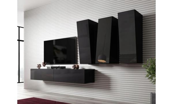 Стенка для гостиной комплект Сама Vigo Slant 1 из ламинированной ДСП без подсветки Черный матовый/Черный глянец (43993)